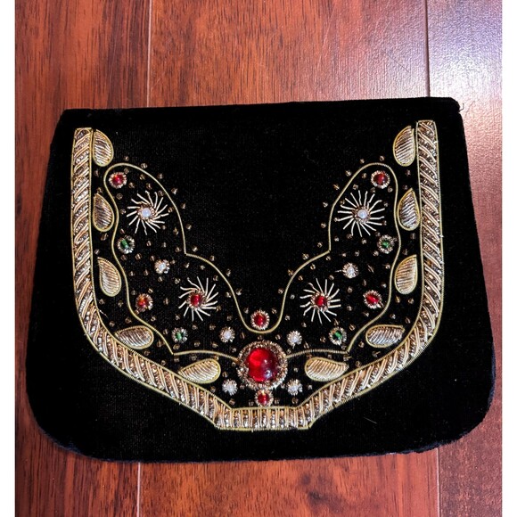 Black Velvet Evening Bag with Gold and Jewel embellishments 1960s - Picture 1 of 7
